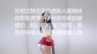 长相文静无毛白虎新人眼镜妹自慰收费秀，手伸进内裤自摸揉奶，脱掉内裤掰穴特写，黑色网袜拿出跳蛋按摩器塞入震动